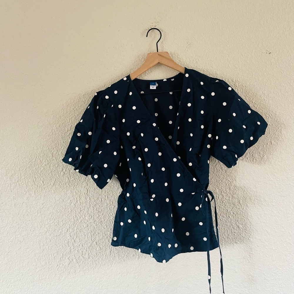 Navy Polkadot Puff Sleeve Wrap Top - Picture 2 of 11